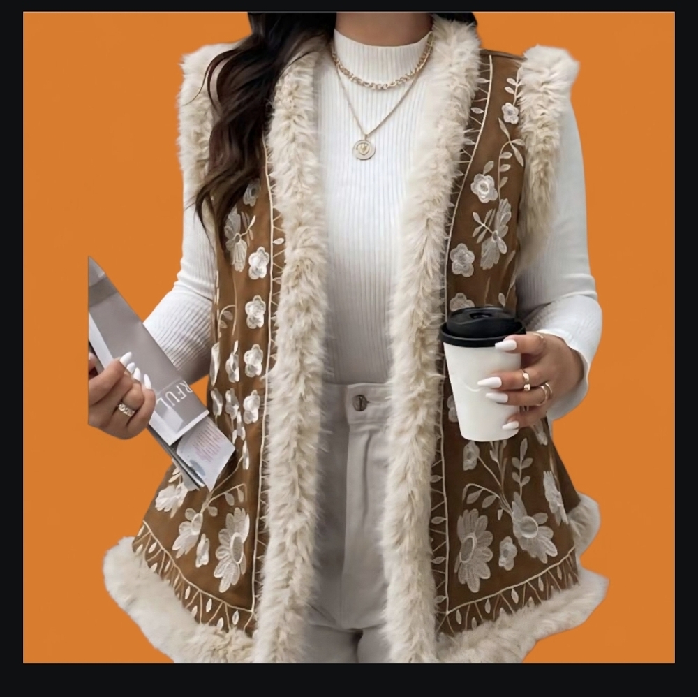Brown Floral Embroidered Vest with Faux Fur Trim